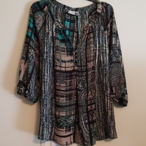 EUC Kim Rogers Green/Blk Sz 1X Peasant Blouse